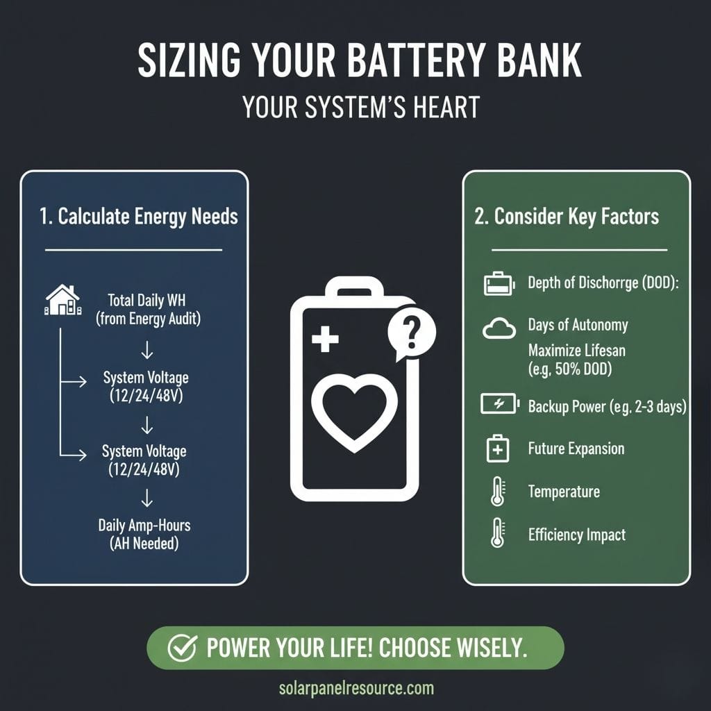 An infographic titled "SIZING YOUR BATTERY BANK - YOUR SYSTEM'S HEART." The left section, "1. Calculate Energy Needs," shows a flowchart starting with "Total Daily WH (from Energy Audit)," leading to "System Voltage (12/24/48V)," and then "Daily Amp-Hours (AH Needed)." The right section, "2. Consider Key Factors," lists factors such as "Depth of Discharge (DOD)," "Days of Autonomy," "Backup Power (2-3 days)," "Future Expansion," "Temperature," and "Efficiency Impact." A central icon depicts a battery with a heart symbol and a question mark. The bottom banner reads "POWER YOUR LIFE! CHOOSE WISELY." and "solarpanelresource.com.