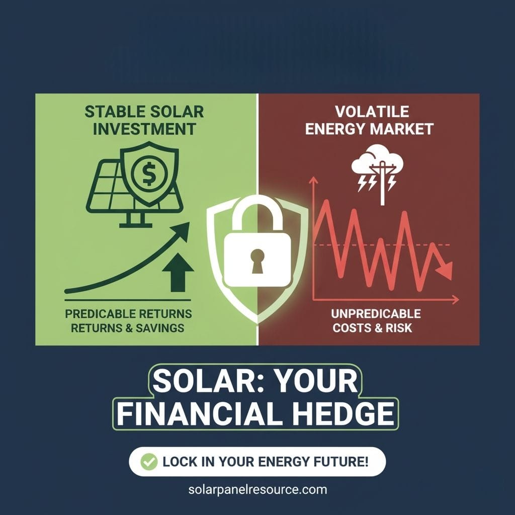 An infographic titled "SOLAR: YOUR FINANCIAL EDGE" compares "STABLE SOLAR INVESTMENT" with "VOLATILE ENERGY MARKET." The green left side, representing solar investment, features a solar panel icon with a shield and dollar sign, and an upward trending graph indicating "PREDICABLE RETURNS RETURNS & SAVINGS." The red right side, representing the volatile energy market, shows a lightning bolt icon above a fluctuating, downward-trending graph indicating "UNPREDICTABLE COSTS & RISK." A large shield with a padlock icon is centered between the two sections. Below, a banner reads "LOCK IN YOUR ENERGY FUTURE!" and "solarpanelresource.com.