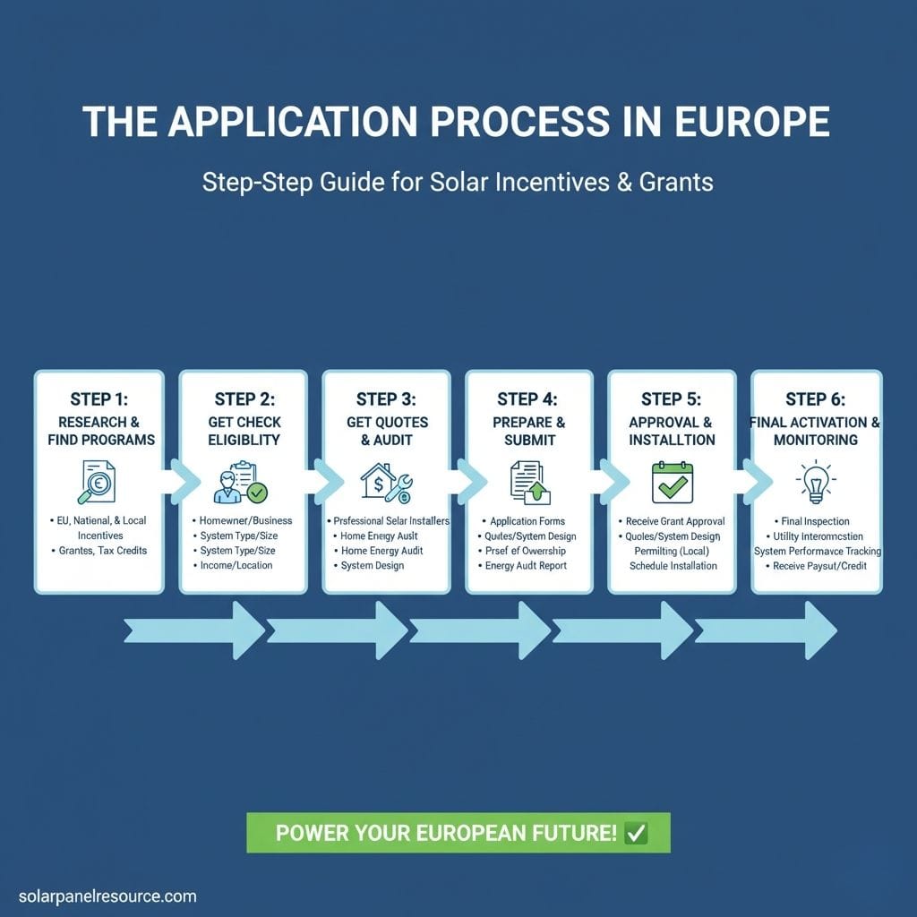 An infographic titled "THE APPLICATION PROCESS IN EUROPE: Step-by-Step Guide for Solar Incentives & Grants." It features six steps arranged horizontally with arrows indicating flow:
STEP 1: RESEARCH & FIND PROGRAMS (magnifying glass icon): EU, National & Local Incentives, Grants, Tax Credits.
STEP 2: GET CHECK ELIGIBILITY (person with checkmark icon): Homeowner/Business, System Type/Size, Income/Location.
STEP 3: GET QUOTES & AUDIT (house with dollar sign icon): Professional Solar Installers, Home Energy Audit, System Design.
STEP 4: PREPARE & SUBMIT (document icon): Application Forms, Quotes/System Design, Proof of Ownership, Energy Audit Report.
STEP 5: APPROVAL & INSTALLTION (calendar with checkmark icon): Receive Grant Approval, Quotes/System Design, Permitting (Local), Schedule Installation.
STEP 6: FINAL ACTIVATION & MONITORING (lightbulb icon): Final Inspection, Utility Interconnection, System Performance Tracking, Receive Payout/Credit.
A green banner at the bottom reads "POWER YOUR EUROPEAN FUTURE!" with a checkmark, followed by "solarpanelresource.com.