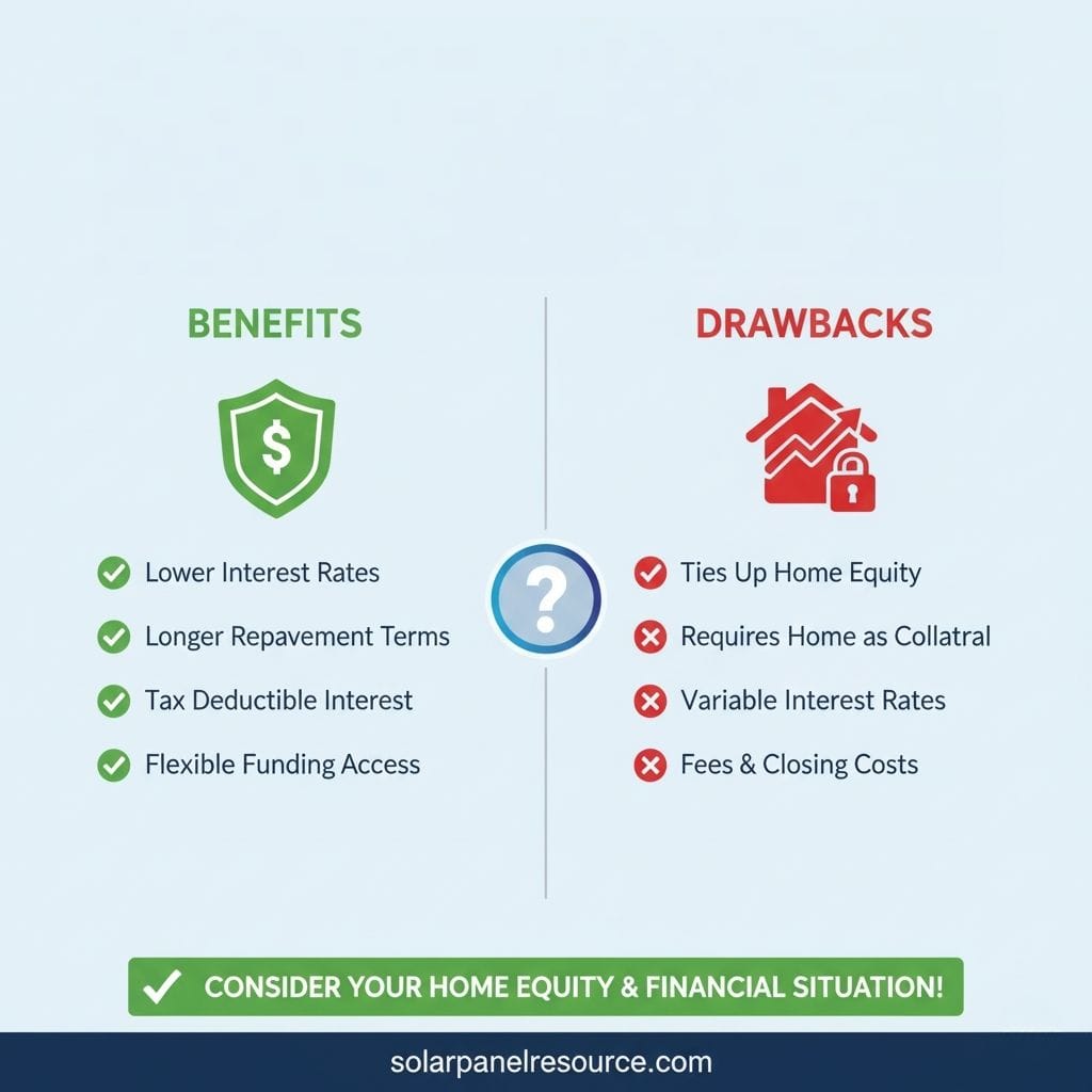 Infographic comparing benefits and drawbacks of solar panel financing. Benefits (green) include lower interest rates, longer repayment terms, tax-deductible interest, and flexible funding access, with a shield and dollar sign icon. Drawbacks (red) list tying up home equity, requiring home as collateral, variable interest rates, and fees/closing costs, with a house and padlock icon. A central question mark prompts users to consider home equity and financial situation. Find more solar financing information at solarpanelresource.com.
