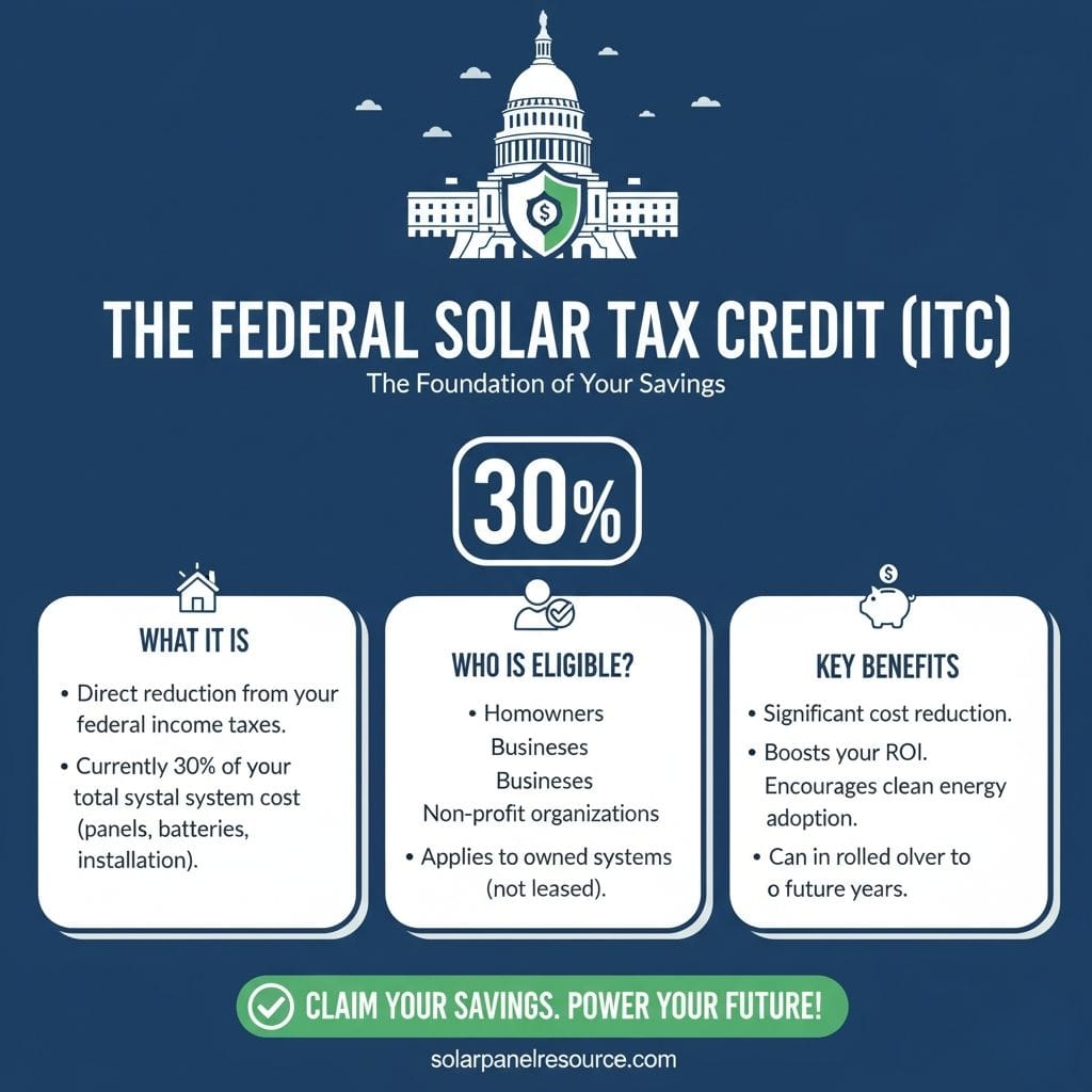 An infographic titled "THE FEDERAL SOLAR TAX CREDIT (ITC) - The Foundation of Your Savings." At the top, there's an illustration of the U.S. Capitol building with a shield overlay containing a dollar sign. A large "30%" is prominently displayed. Below, three white boxes detail aspects of the ITC:
WHAT IT IS (house icon): Direct reduction from federal income taxes, currently 30% of total system cost (panels, batteries, installation).
WHO IS ELIGIBLE? (person icon): Homeowners, Businesses, Non-profit organizations, applies to owned systems (not leased).
KEY BENEFITS (piggy bank icon): Significant cost reduction, boosts ROI, encourages clean energy adoption, can be rolled over to future years. A green banner at the bottom reads "CLAIM YOUR SAVINGS. POWER YOUR FUTURE!" with a checkmark, followed by "solarpanelresource.com.