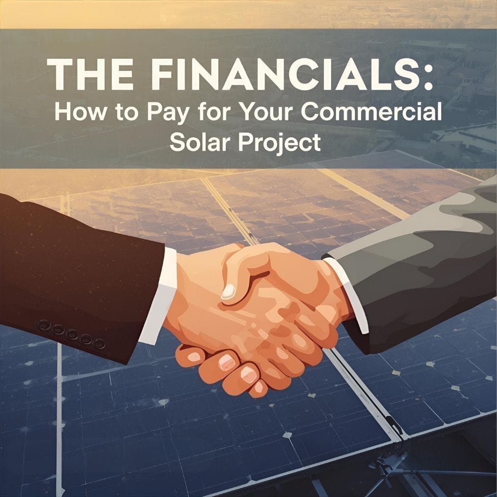 An image with the title "THE FINANCIALS: How to Pay for Your Commercial Solar Project" overlaid on a handshake illustration. Two hands, one in a dark suit sleeve and the other in a grey suit sleeve, are clasped in a handshake, symbolizing agreement and partnership. The background shows a solar panel array under a warm, possibly sunset, lighting.