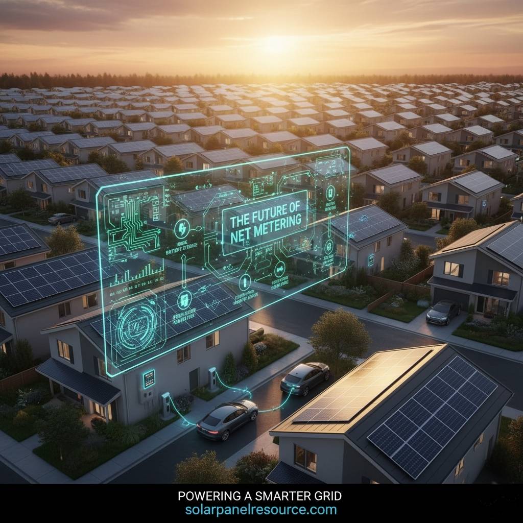 An aerial view of a suburban neighborhood with rows of houses, each equipped with solar panels on their roofs, at sunset. A glowing, holographic interface titled "THE FUTURE OF NET METERING" is superimposed over the scene, displaying a complex circuit board design with various icons and text related to energy flow, battery storage, smart grids, and utility interaction. Some houses show glowing lines connecting to electric vehicles and the holographic display, illustrating a connected energy ecosystem. The bottom text reads "POWERING A SMARTER GRID" and "solarpanelresource.com.