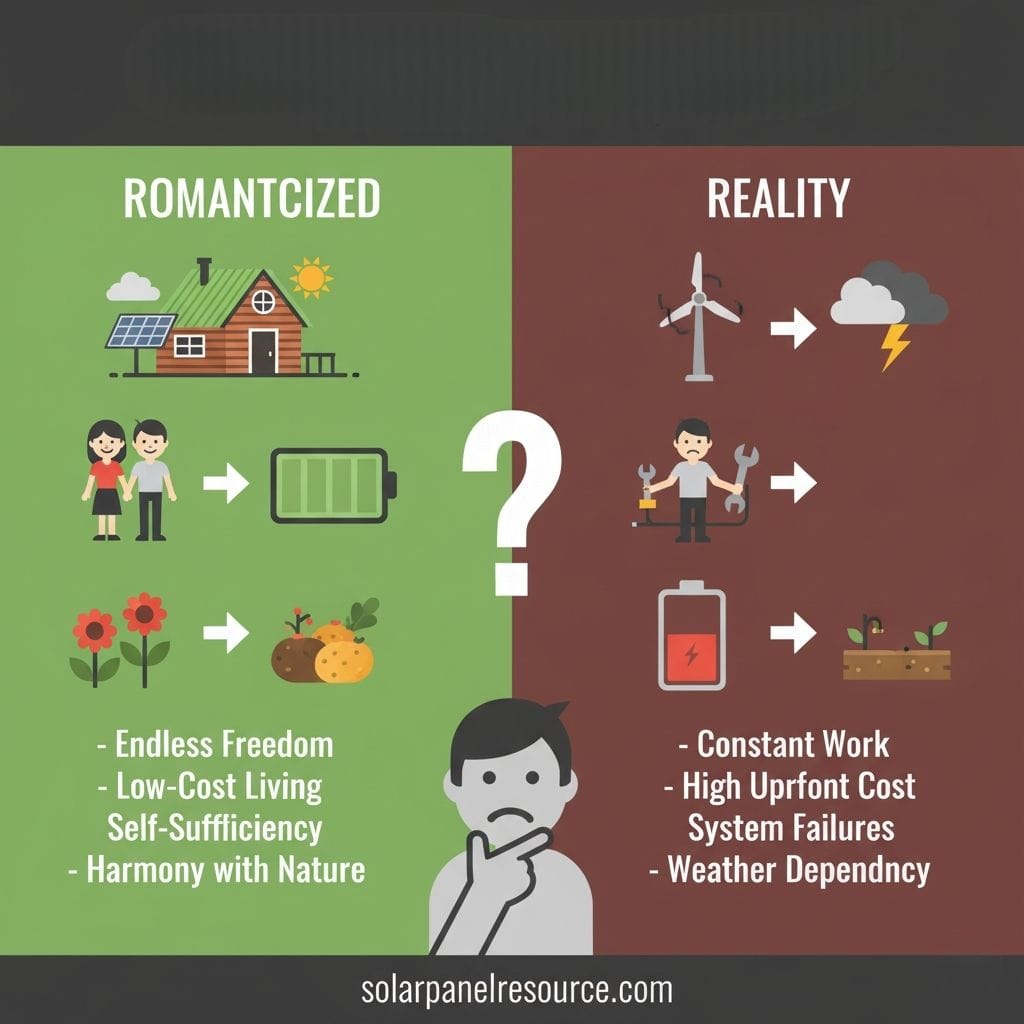 An infographic titled "ROMANTCIZED" versus "REALITY" about off-grid living, with a large question mark separating the two sides. The "ROMANTCIZED" (green) side shows a house with solar panels, a couple holding hands, and flowers turning into harvested crops. Its text bullet points include "Endless Freedom," "Low-Cost Living," "Self-Sufficiency," and "Harmony with Nature." The "REALITY" (red) side shows a wind turbine leading to a storm cloud and lightning, a person with a wrench, and a depleted battery leading to a small plant in barren soil. Its text bullet points include "Constant Work," "High Upfront Cost," "System Failures," and "Weather Dependncy." A thinking person icon is at the bottom center, and "solarpanelresource.com" is at the very bottom.