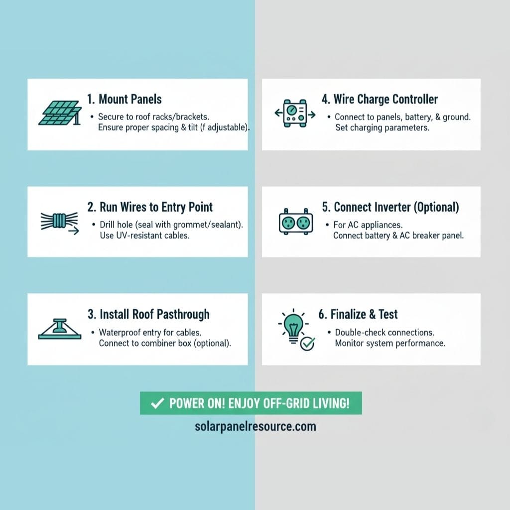 An infographic titled "POWER ON! ENJOY OFF-GRID LIVING!" outlining six steps for solar panel installation. 1. "Mount Panels" (solar panel icon): Secure to roof racks/brackets, ensure proper spacing & tilt. 2. "Run Wires to Entry Point" (wire icon): Drill hole (seal with grommet/sealant), use UV-resistant cables. 3. "Install Roof Passthrough" (roof vent icon): Waterproof entry for cables, connect to combiner box (optional). 4. "Wire Charge Controller" (charge controller icon): Connect to panels, battery, & ground, set charging parameters. 5. "Connect Inverter (Optional)" (inverter icon): For AC appliances, connect battery & AC breaker panel. 6. "Finalize & Test" (lightbulb with checkmark icon): Double-check connections, monitor system performance. The bottom includes a checkmark, "POWER ON! ENJOY OFF-GRID LIVING!", and "solarpanelresource.com.