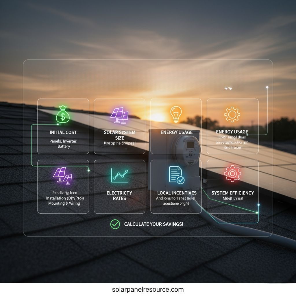 An infographic titled "CALCULATE YOUR SAVINGS!" is superimposed on an image of solar panels on a rooftop at sunset. It features six translucent boxes with icons and text: 1. "INITIAL COST" (money bag icon) covering panels, inverter, battery. 2. "SOLAR SYSTEM SIZE" (solar panel icon) with placeholder text. 3. "ENERGY USAGE" (light bulb icon) with placeholder text. 4. Another "ENERGY USAGE" box (gear icon) with placeholder text. 5. "ELECTRICTY RATES" (line graph icon). 6. "LOCAL INCENTIVES" (document icon) with placeholder text. 7. "SYSTEM EFFICIENCY" (gear icon) with placeholder text. The bottom of the image has "solarpanelresource.com.