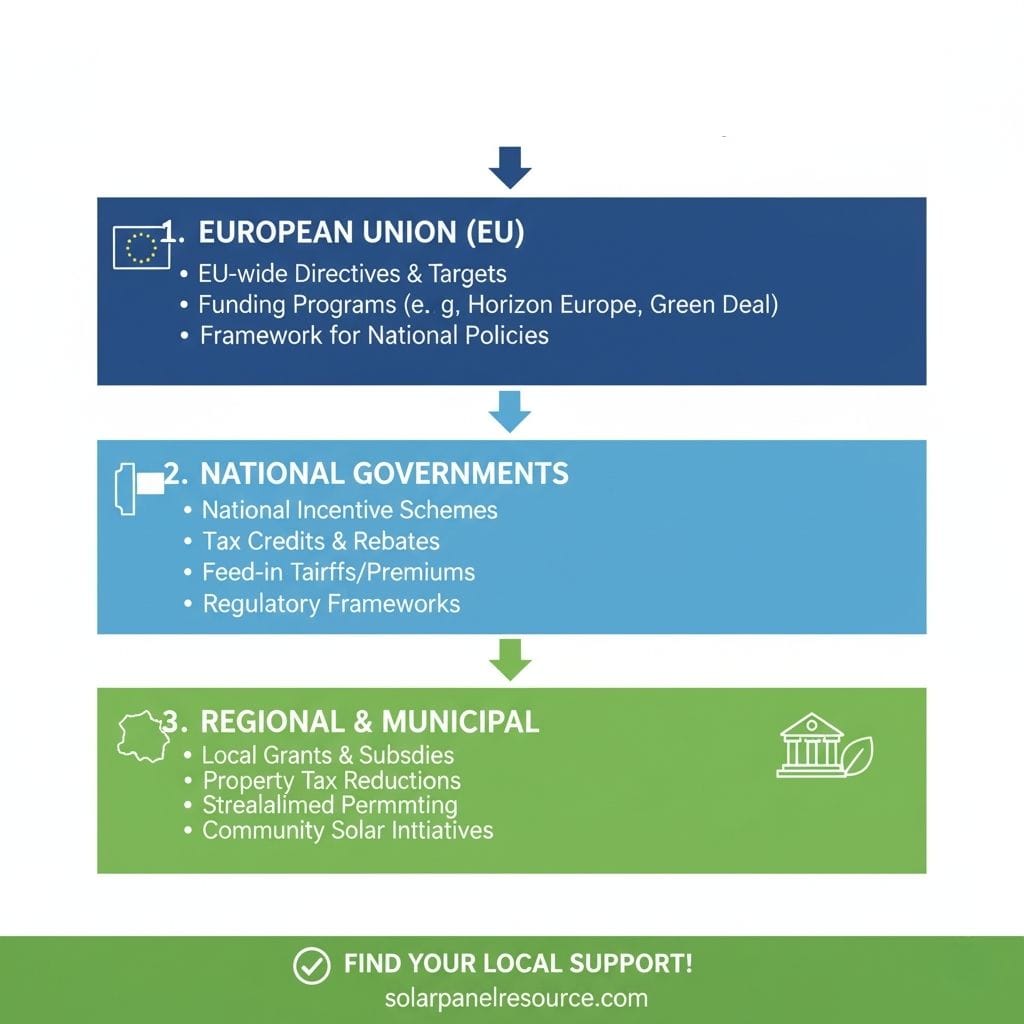 An infographic titled "FIND YOUR LOCAL SUPPORT!" illustrating layers of solar energy incentives and regulations. It's structured as a vertical flow chart with downward arrows.
The top dark blue box, "1. EUROPEAN UNION (EU)," lists "EU-wide Directives & Targets," "Funding Programs," and "Framework for National Policies," with the EU flag icon.
The middle light blue box, "2. NATIONAL GOVERNMENTS," lists "National Incentive Schemes," "Tax Credits & Rebates," "Feed-in Tariffs/Premiums," and "Regulatory Frameworks," with a flag icon.
The bottom green box, "3. REGIONAL & MUNICIPAL," lists "Local Grants & Subsidies," "Property Tax Reductions," "Streamlined Permitting," and "Community Solar Initiatives," with an icon of a map and a building with a leaf. A final green banner at the bottom says "FIND YOUR LOCAL SUPPORT!" with a checkmark, and "solarpanelresource.com.