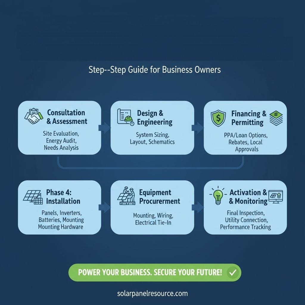 An infographic titled "Step-by-Step Guide for Business Owners" detailing the process of installing solar panels. It features six rectangular steps connected by arrows:
"Consultation & Assessment" (icon of handshake and document): Site Evaluation, Energy Audit, Needs Analysis.
"Design & Engineering" (icon of computer screen with schematics): System Sizing, Layout, Schematics.
"Financing & Permitting" (icon of shield with dollar sign): PPA/Loan Options, Rebates, Local Approvals.
"Phase 4: Installation" (icon of solar panels): Panels, Inverters, Batteries, Mounting Hardware.
"Equipment Procurement" (icon of workers on a roof): Mounting, Wiring, Electrical Tie-in.
"Activation & Monitoring" (icon of lightbulb and computer screen): Final Inspection, Utility Connection, Performance Tracking. At the bottom, a green banner reads "POWER YOUR BUSINESS. SECURE YOUR FUTURE!" with a checkmark, followed by "solarpanelresource.com.