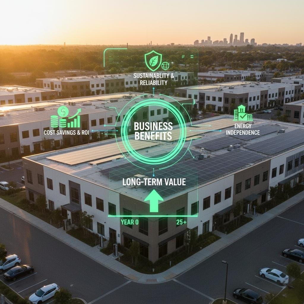 An aerial view of a modern business complex with multiple buildings featuring solar panels on their rooftops, set against a sunset sky and a distant city skyline. Overlaid on the image is a holographic infographic detailing "BUSINESS BENEFITS." This central circle is surrounded by three smaller circles with icons and text: "COST SAVINGS & ROI," "SUSTAINABILITY & RELIABILITY," and "ENERGY INDEPENDENCE." A larger box below these elements reads "LONG-TERM VALUE," with an upward arrow indicating growth over a timeline from "YEAR 0" to "25+."