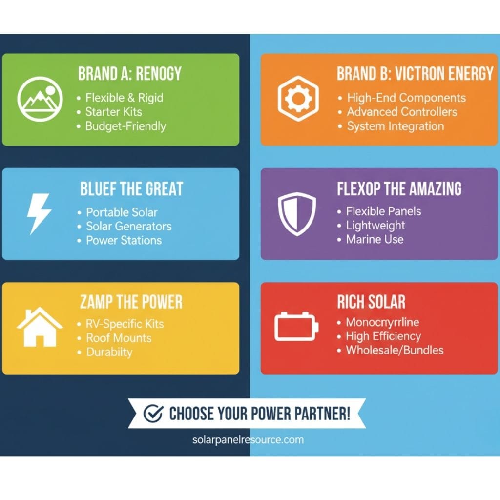 An infographic comparing six solar panel brands. "BRAND A: RENOGY" (green box) offers flexible & rigid, starter kits, and is budget-friendly. "BRAND B: VICTRON ENERGY" (orange box) offers high-end components, advanced controllers, and system integration. "BLUEF THE GREAT" (blue box) provides portable solar, solar generators, and power stations. "FLEXOP THE AMAZING" (purple box) specializes in flexible panels, lightweight, and marine use. "ZAMP THE POWER" (yellow box) offers RV-specific kits, roof mounts, and durability. "RICH SOLAR" (red box) provides monocrystalline, high efficiency, and wholesale/bundles. The bottom reads, "CHOOSE YOUR POWER PARTNER!" and "solarpanelresource.com."