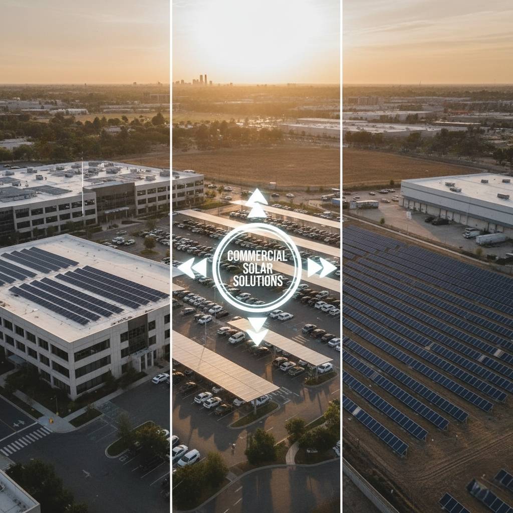A triptych of aerial images showcasing "COMMERCIAL SOLAR SOLUTIONS." The three vertical panels depict different aspects of commercial solar installations under a sunset sky with a distant city skyline.
The left panel shows a large commercial building with numerous solar panels on its rooftop. The middle panel features a large parking lot with solar carports providing shade and generating electricity, centered with a circular graphic of "COMMERCIAL SOLAR SOLUTIONS" and arrows pointing outwards. The right panel displays a vast ground-mounted solar farm with rows of panels. The overall image emphasizes various scales of solar integration in commercial and industrial settings.