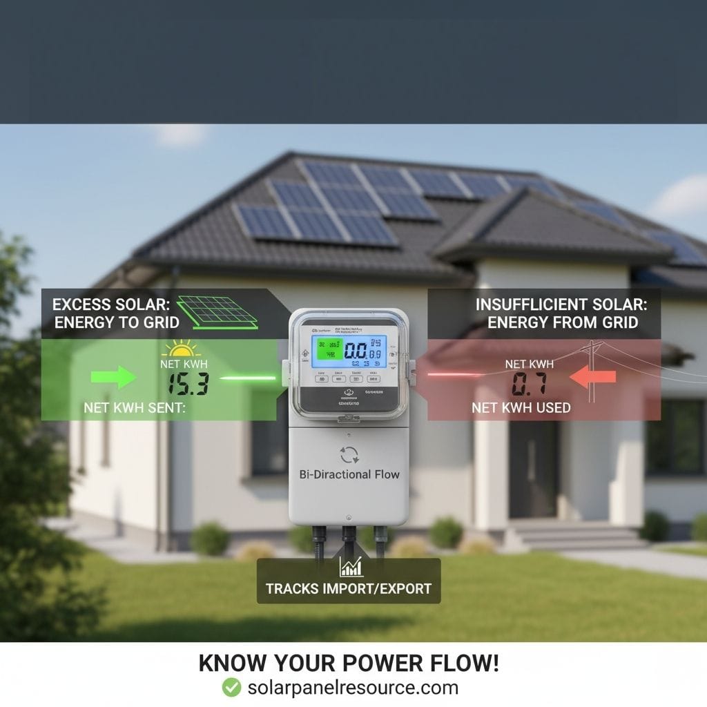 An infographic titled "KNOW YOUR POWER FLOW!" illustrates solar energy interaction with the grid, superimposed over a house with solar panels. A central bi-directional meter displays "NET KWH 15.3" (green) and "NET KWH 0.7" (red). To the left, a green box indicates "EXCESS SOLAR: ENERGY TO GRID" with "NET KWH SENT: 15.3" and a green arrow pointing towards the meter. To the right, a red box indicates "INSUFFICIENT SOLAR: ENERGY FROM GRID" with "NET KWH USED: 0.7" and a red arrow pointing away from the meter. The meter is labeled "Bi-Directional Flow" and below it, a banner reads "TRACKS IMPORT/EXPORT." The bottom of the image shows "solarpanelresource.com.