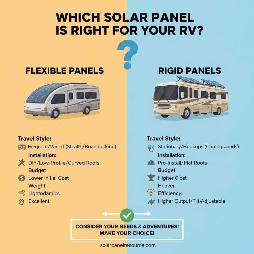 An infographic titled "WHICH SOLAR PANEL IS RIGHT FOR YOUR RV?" compares flexible and rigid solar panels. The left side, "FLEXIBLE PANELS," shows an RV with flexible panels on a curved roof. Its travel style is "Frequent/Varied (Stealth/Boandocking)," installation is "DIY/Low-Profile/Curved Roofs," budget is "Lower Initial Cost," weight is "Lightodamics," and efficiency is "Excellent." The right side, "RIGID PANELS," shows an RV with rigid panels on a flat roof. Its travel style is "Stationary/Hookups (Campgraunds)," installation is "Pro-Install/Flat Roofs," budget is "Higher Clost," weight is "Heaver," and efficiency is "Higher Output/Tilt-Adjustable." A concluding statement at the bottom reads, "CONSIDER YOUR NEEDS & ADVENTURES! MAKE YOUR CHOICE!" with the website "solarpanelresource.com."