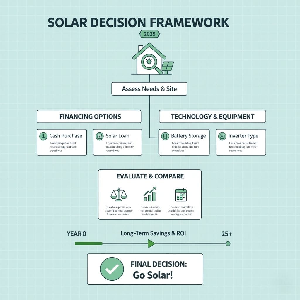 A comprehensive "SOLAR DECISION FRAMEWORK" diagram, presented on a light green grid background, outlining steps for going solar in 2025.At the top, a house with solar panels and a magnifying glass, dated "2025," points to "Assess Needs & Site."This leads to two main branches:FINANCING OPTIONS: Contains two boxes."1) Cash Purchase" with a coin icon and placeholder text."2) Solar Loan" with a dollar sign in a house icon and placeholder text.TECHNOLOGY & EQUIPMENT: Contains two boxes."3) Battery Storage" with a battery icon and placeholder text."4) Inverter Type" with an inverter icon and placeholder text.Below these branches, a box labeled "EVALUATE & COMPARE" is shown with icons for a balance scale, a bar graph, and a calendar, each with placeholder text.A timeline spans from "YEAR 0" to "25+," indicating "Long-Term Savings & ROI."Finally, a large green button with a checkmark states "FINAL DECISION: Go Solar!"
