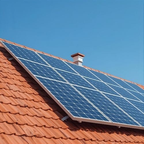 Solar panels installed on a terracotta tile roof under a clear blue sky, illustrating residential renewable energy.