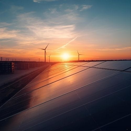 Solar panels and wind turbines silhouetted against a vibrant sunset, representing a hybrid renewable energy farm and sustainable power generation.