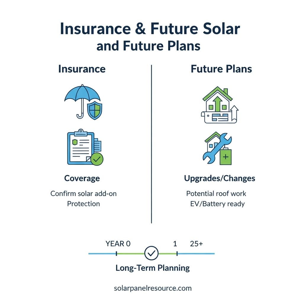 A diagram titled "Insurance & Future Solar and Future Plans" split into two vertical sections.
The left section, "Insurance," features an umbrella and shield icon, and a clipboard with a checkmark icon. Text below reads "Coverage" and "Confirm solar add-on Protection."
The right section, "Future Plans," displays a house with an upward arrow and a house with a wrench and battery icon. Text below reads "Upgrades/Changes" and "Potential roof work EV/Battery ready."
At the bottom, a timeline runs from "YEAR 0" to "25+" with a checkmark between 1 and 25+, labeled "Long-Term Planning." The website "solarpanelresource.com" is at the very bottom.