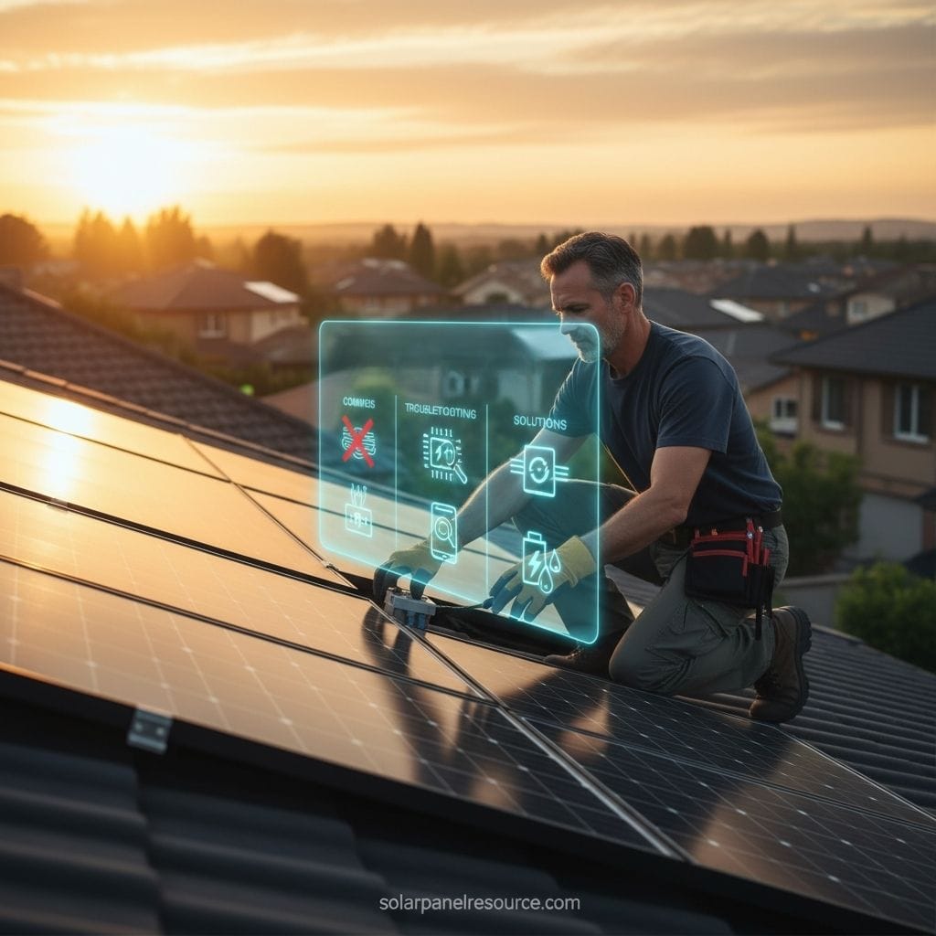 A male solar technician, wearing gloves, kneels on a rooftop covered in solar panels, performing maintenance at sunset. A transparent, holographic user interface hovers in front of him, displaying sections for "CONCERN," "TROUBLESHOOTING," and "SOLUTIONS" with various icons indicating different functions, such as checking connections and examining components. The sun is setting in the background, casting an orange glow over a residential area. The website "solarpanelresource.com" is at the bottom of the image.
