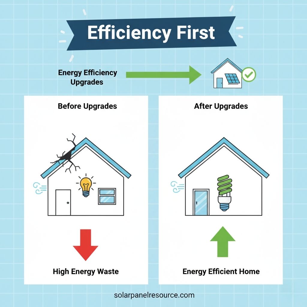 A diagram titled "Efficiency First" illustrating the benefits of energy efficiency upgrades. At the top, a green arrow points from "Energy Efficiency Upgrades" to a house with solar panels and a checkmark. Below, two house illustrations are presented side-by-side. The "Before Upgrades" house shows cracks on its roof, an old incandescent lightbulb, and a red downward arrow pointing to "High Energy Waste." The "After Upgrades" house shows a well-maintained roof, a modern compact fluorescent lightbulb, and a green upward arrow pointing to "Energy Efficient Home." The website "solarpanelresource.com" is at the bottom.