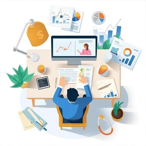 Overhead view of a person working at a desk with a computer, surrounded by charts, graphs, and office supplies, representing business analytics or digital marketing.