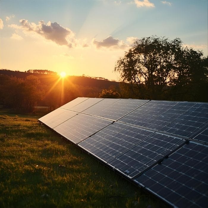 Solar panels in a green field at sunset, with sun rays beaming through the clouds and trees in the background, showcasing renewable energy.