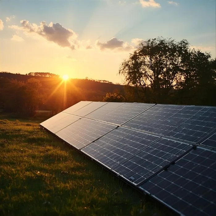 Solar panels in a green field at sunset, with sun rays beaming through the clouds and trees in the background, showcasing renewable energy.