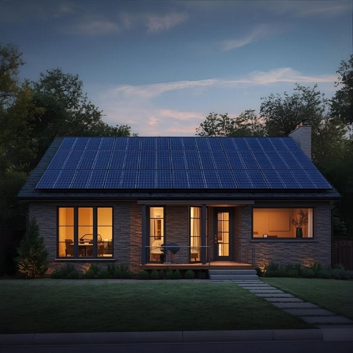 A modern house with an entire roof covered in solar panels, illuminated at dusk, showcasing residential renewable energy and sustainable living.