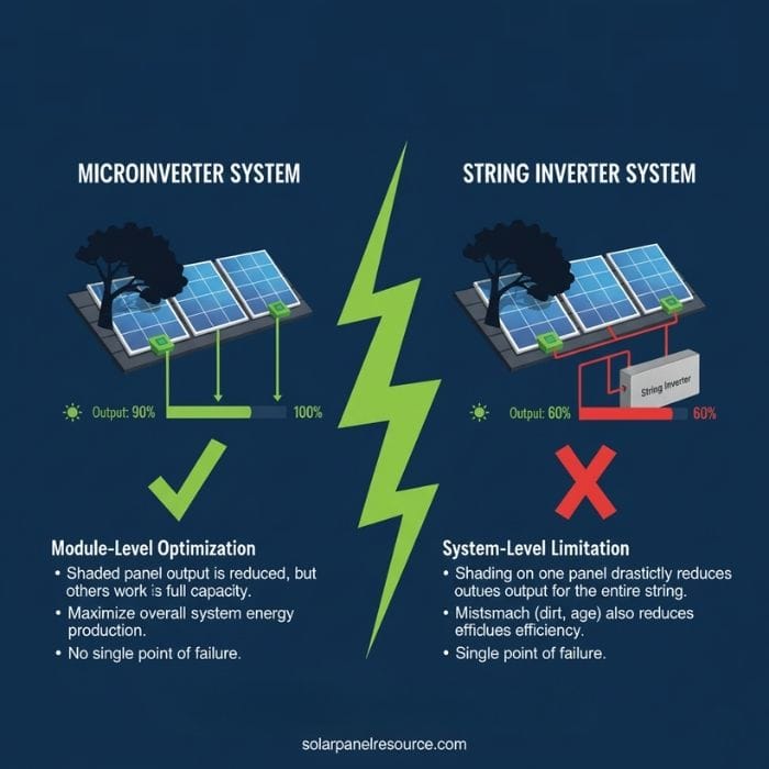 Infographic comparing Microinverter vs. String Inverter systems, highlighting module-level optimization benefits like higher output and no single point of failure for microinverters, versus system-level limitations for string inverters where shading reduces overall output.