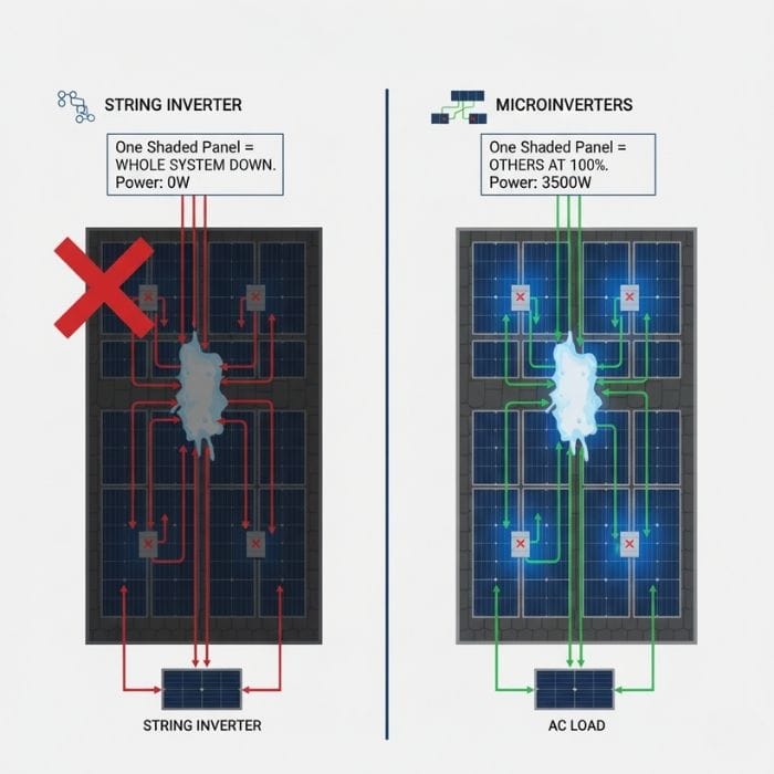 Diagram comparing string inverters vs. microinverters, showing how shading shuts down a string system (0W) while a microinverter system continues producing power (3500W).