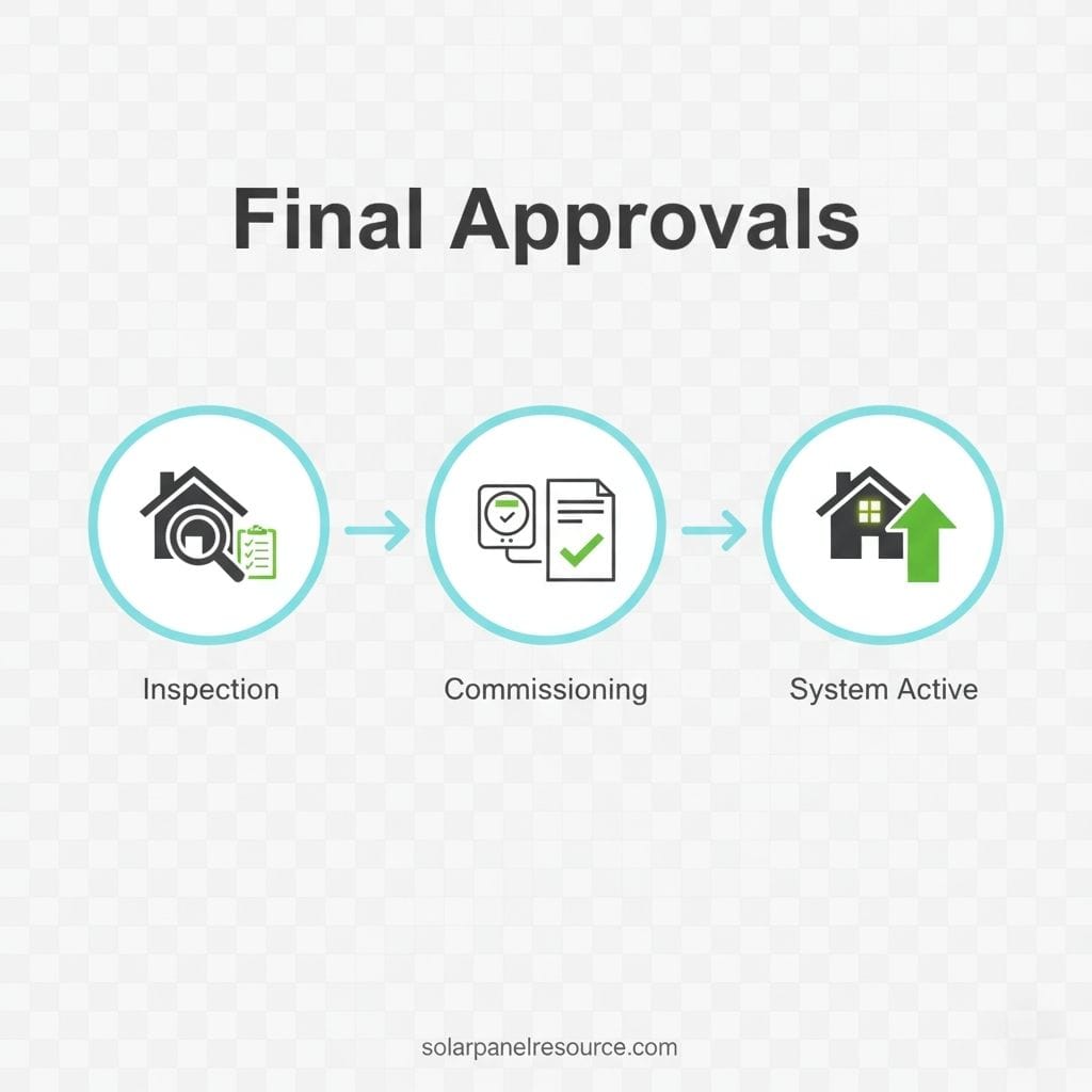 A linear flow diagram titled "Final Approvals" for solar panel installation. It shows three circular icons connected by blue arrows.Inspection: A house with a magnifying glass and a checklist, labeled "Inspection."Commissioning: An electricity meter and a document with a green checkmark, labeled "Commissioning."System Active: A house with a green upward arrow, labeled "System Active."The website "solarpanelresource.com" is at the bottom.