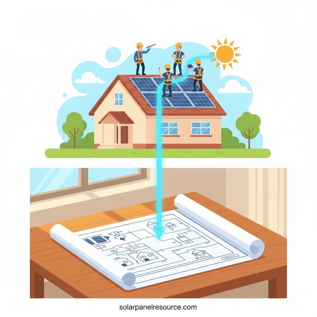 A two-part cartoon illustration showing the process of solar panel installation. The top section depicts a house with solar panels on its roof, where four workers in hard hats and harnesses are installing and working on the panels. A sun with an arrow indicates that the panels are converting sunlight into energy. A blue arrow extends downwards from the solar-equipped house.The bottom section shows a blueprint of a house layout spread on a wooden table, with the blue arrow pointing to it, symbolizing the planning and design phase. The website "solarpanelresource.com" is at the very bottom.