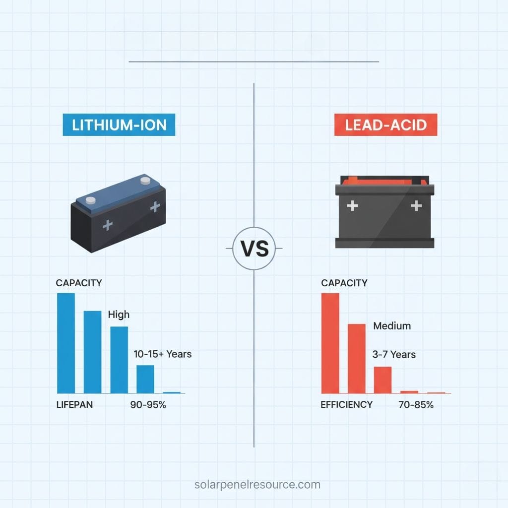 A comparative diagram illustrating "Lithium-Ion" versus "Lead-Acid" batteries.On the left, under "LITHIUM-ION," a blue battery is depicted. Below it, a blue bar chart shows "CAPACITY" as "High," "LIFESPAN" as "10-15+ Years," and "EFFICIENCY" as "90-95%."In the middle, a "VS" label separates the two comparisons.On the right, under "LEAD-ACID," a black and red battery is depicted. Below it, a red bar chart shows "CAPACITY" as "Medium," "LIFESPAN" as "3-7 Years," and "EFFICIENCY" as "70-85%."The website "solarpanelresource.com" is at the very bottom.