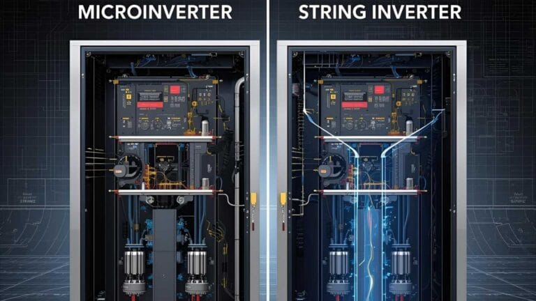 Comparison of Microinverter and String Inverter systems, showing the internal wiring and components, illustrating differences in solar energy conversion technology.