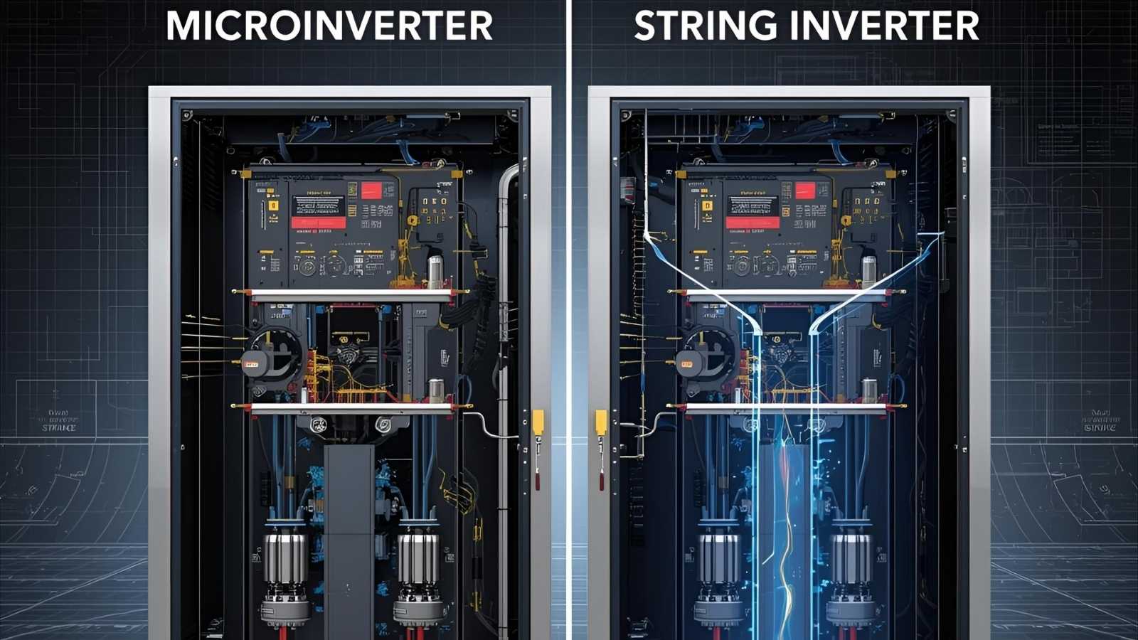 Comparison of Microinverter and String Inverter systems, showing the internal wiring and components, illustrating differences in solar energy conversion technology.