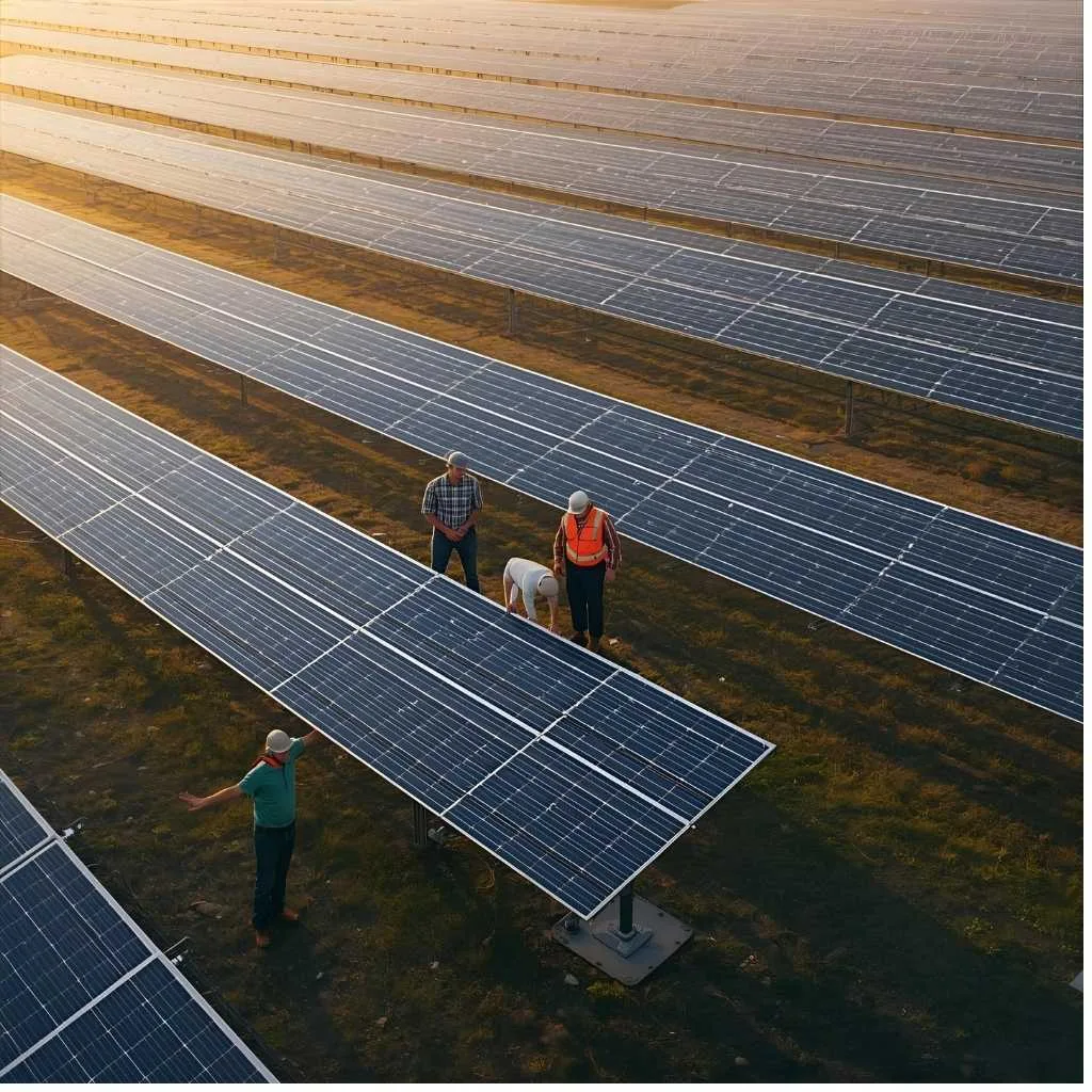 Güneş enerjisi çiftliği işçileri, gün batımında güneş panelleri sıralarını inceliyor, yenilenebilir enerji ve sürdürülebilir teknolojiye vurgu yapıyorlar.