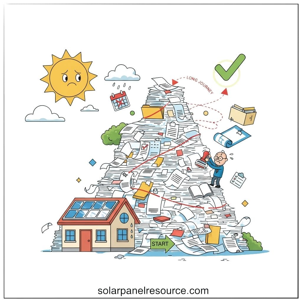 A cartoon illustration depicting the "long journey" of solar panel installation paperwork. A small house with solar panels is at the base of a massive, overwhelming pile of documents and forms. A stressed-looking man is attempting to stamp papers on the side of the pile. A green arrow labeled "START" points into the base of the paper mountain, and a dotted red line indicates a "LONG JOURNEY" through the paperwork, leading to a green checkmark and organized files at the top right, signifying completion. In the sky, a sad sun looks down from behind a few clouds with rain, reflecting the daunting process. The website "solarpanelresource.com" is at the bottom.
