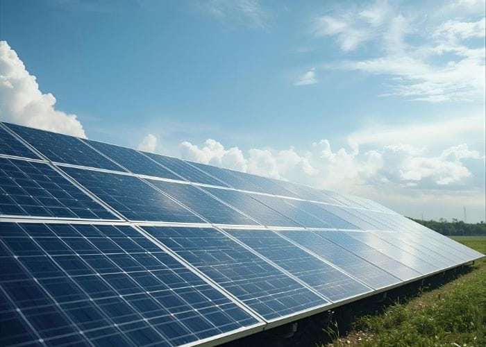 Solar panels under a bright blue sky with white clouds, capturing sunlight for renewable energy in an outdoor setting.