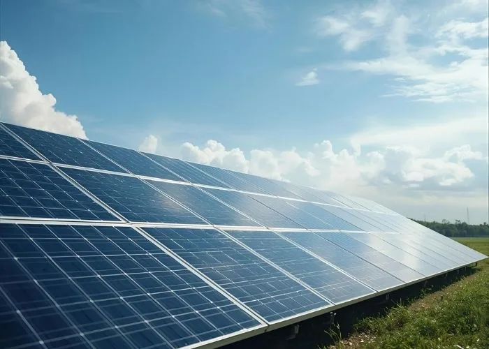Solar panels under a bright blue sky with white clouds, capturing sunlight for renewable energy in an outdoor setting.