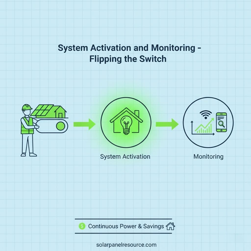 A linear flow diagram titled "System Activation and Monitoring - Flipping the Switch." It depicts a worker in a hard hat holding a large switch connected to a house with solar panels. This leads to a glowing green circular icon with a house and a lightbulb, labeled "System Activation." A green arrow then points to another circular icon showing a line graph, a Wi-Fi signal, and a smartphone, labeled "Monitoring."Below the flow, a dollar sign icon, "Continuous Power & Savings," and a house icon are shown. The website "solarpanelresource.com" is at the very bottom.