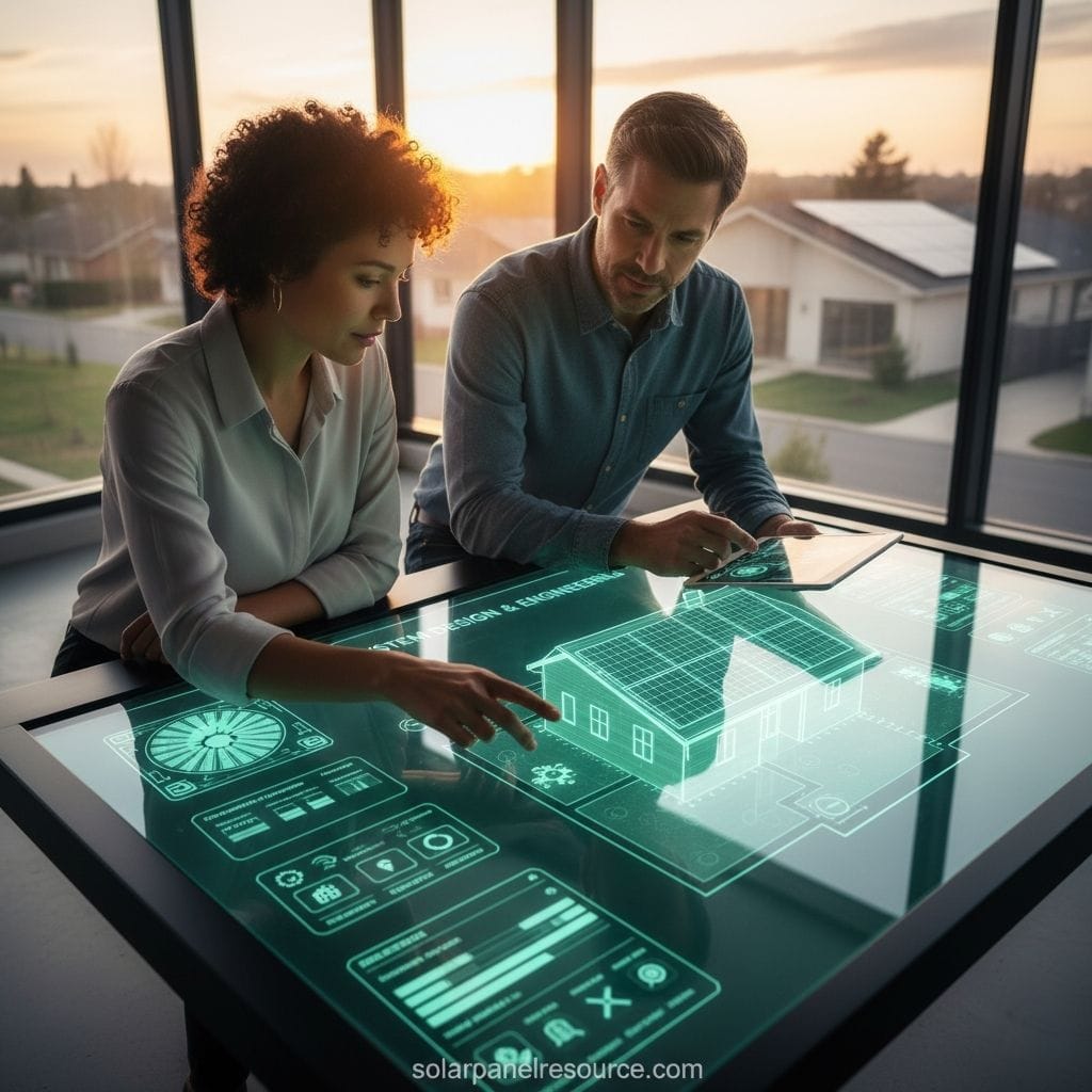 Two professionals, a woman and a man, are collaborating on a large interactive touch-screen table displaying a holographic 3D model of a house with solar panels. The woman, with curly dark hair, is pointing at a section of the display showing charts and data, while the man, with dark hair and a beard, is looking intently at the house model. The table's interface includes various data points and control options related to solar system design and engineering. In the background, through large windows, a residential neighborhood with houses and solar panels on rooftops is visible under a sunset sky. The website "solarpanelresource.com" is at the bottom.