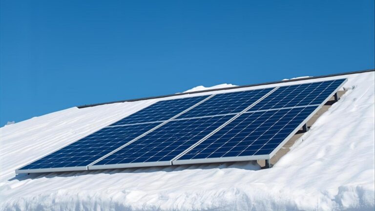 Solar panels installed on a snow-covered roof under a clear blue sky.