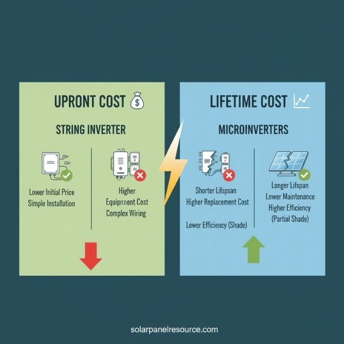 Infographic comparing upfront cost of String Inverters (lower initial price, simple installation) versus lifetime cost of Microinverters (longer lifespan, lower maintenance, higher efficiency in partial shade), illustrating economic differences between solar inverter types.