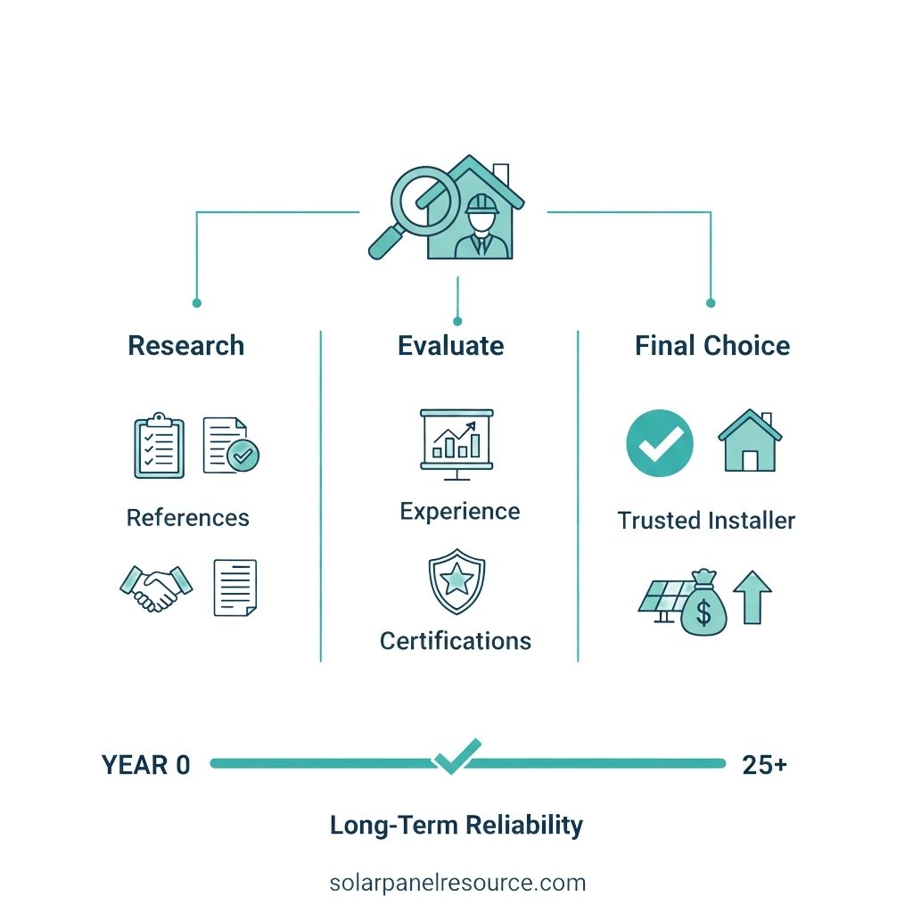 A flow chart titled "Long-Term Reliability" for choosing a solar installer. At the top, a magnifying glass over a house and a worker icon represents the overall process. The process is divided into three vertical sections: "Research," "Evaluate," and "Final Choice."
Under "Research," icons include a checklist, documents, handshake, and another document, with text "References."
Under "Evaluate," icons include a graph on a monitor for "Experience" and a shield with a star for "Certifications."
Under "Final Choice," icons include a checkmark, a house, a solar panel with a money bag and an upward arrow, with text "Trusted Installer."
Below these sections, a horizontal timeline runs from "YEAR 0" to "25+," with a checkmark in the middle, signifying "Long-Term Reliability." The website "solarpanelresource.com" is at the bottom.