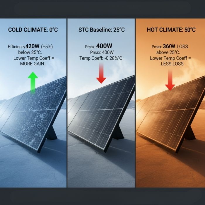 Infographic comparing solar panel efficiency at different temperatures, showing a 400W baseline at 25°C, a 5% gain to 420W in 0°C cold, and a loss to 360W in 50°C heat.
