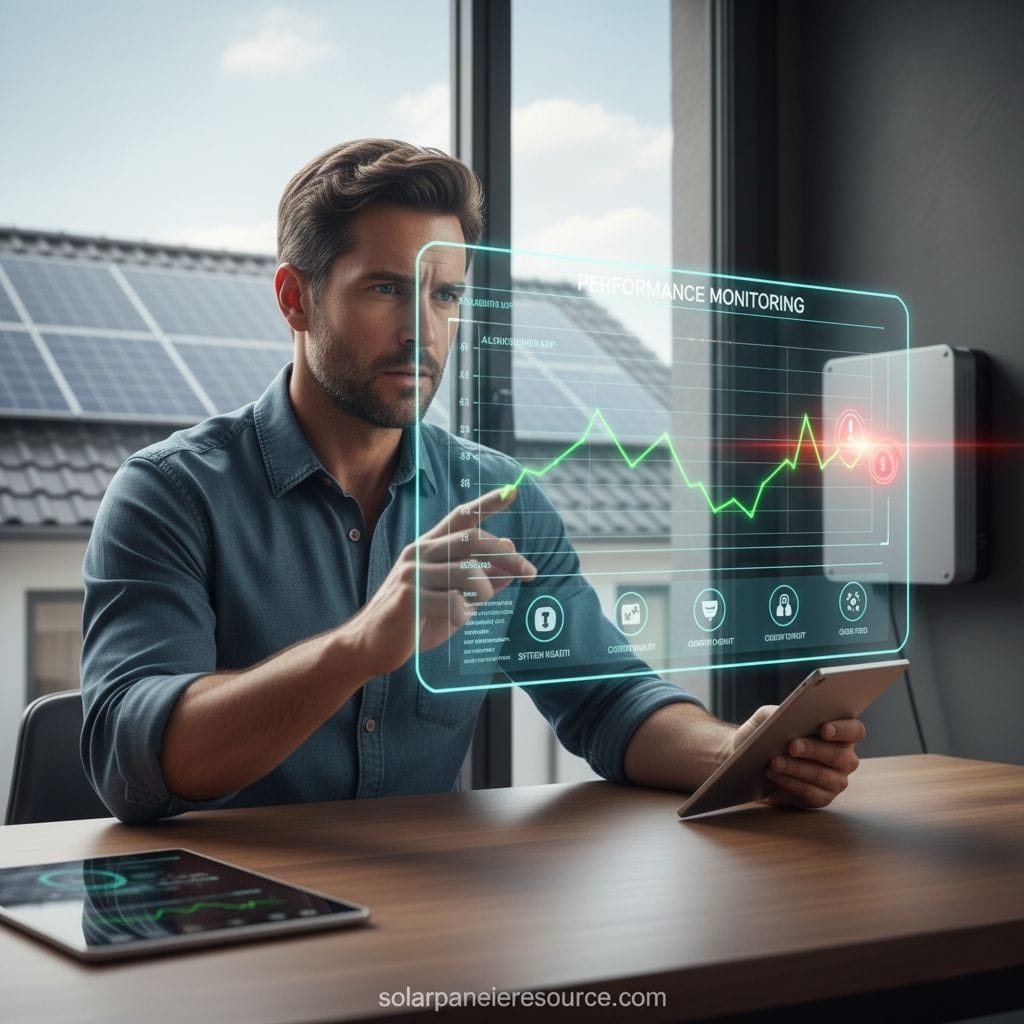 A man in a blue shirt is sitting at a desk, looking intently at a transparent holographic display labeled "PERFORMANCE MONITORING." The display shows a green line graph indicating performance over time, with a red alert icon indicating an issue. Below the graph are several icons, including "SYSTEM ALERTS," "CURRENT OUTPUT," "DAILY OUTPUT," and "GRID FEED." He is holding a tablet in his left hand, and another tablet with a graph on its screen is on the table to his left. In the background, solar panels are visible on a rooftop outside a large window. An inverter or similar equipment is mounted on the wall to the right. The website "solarpanelresource.com" is at the bottom.