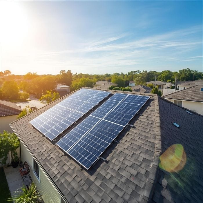 Rooftop solar panels on a residential house under a clear sky, showcasing sustainable home energy solutions and photovoltaic technology.