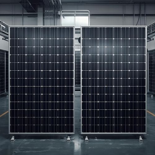 Two large solar panels standing upright in a factory or warehouse setting, showcasing the manufacturing or storage of renewable energy technology.