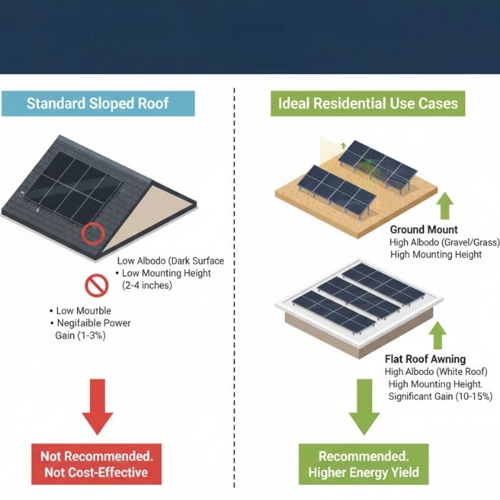Infographic comparing solar panel installations, showing standard sloped roofs are 'Not Recommended' due to low albedo, while ground mounts and flat roof awnings are 'Recommended' for higher energy yield (10-15% gain).