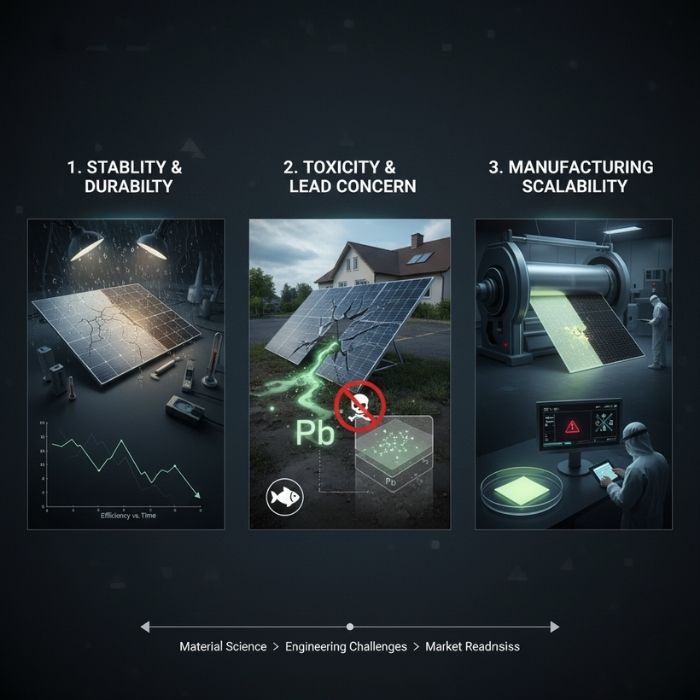 Infographic showing three key challenges for perovskite solar cells: 1. Stability and Durability (cracked panel), 2. Toxicity and Lead Concern (Pb symbol), and 3. Manufacturing Scalability (roll-to-roll production).