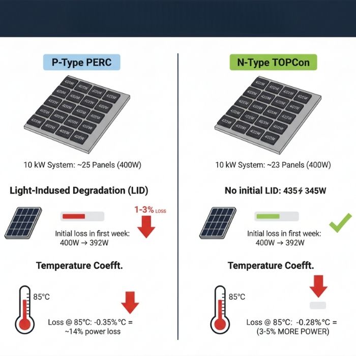Infographic comparing P-Type PERC vs N-Type TOPCon solar panels, showing N-Type's advantages in efficiency, no Light-Induced Degradation (LID), and a better temperature coefficient.